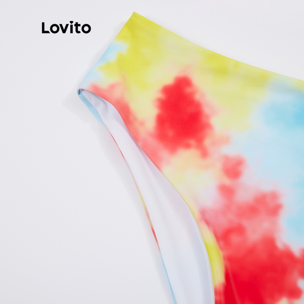 Set Bikini LOVITO dây thắt viền xếp ly họa tiết nhuộm màu loang phong cách boho các miếng đệm có thể tháo rời L18X383 (Màu vàng)