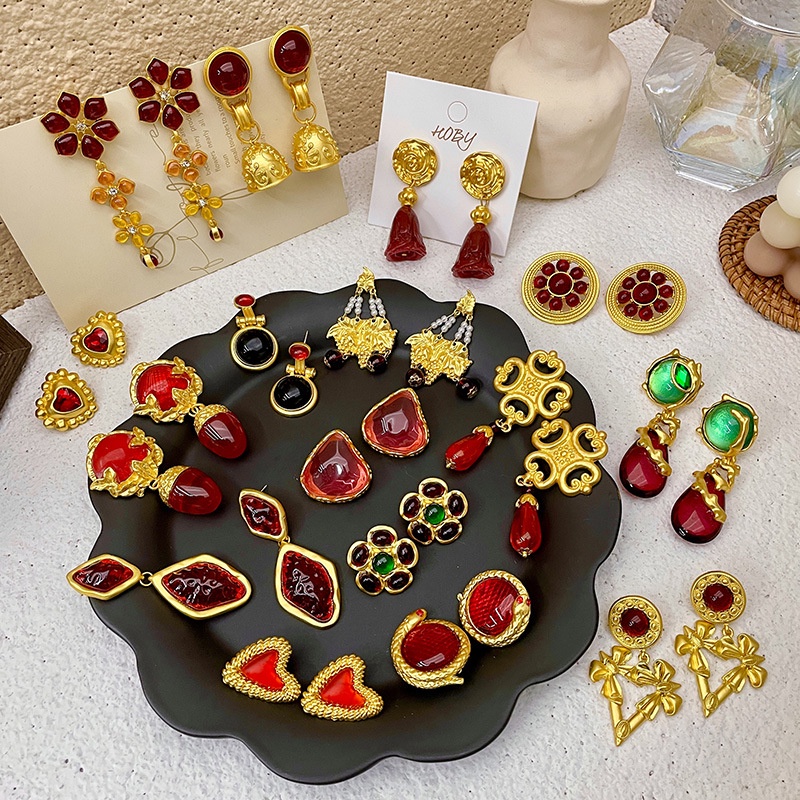 1 Đôi Bông Tai Hồng Ngọc Ruby Màu Đỏ Rượu Vang Phong Cách Baroque Sang Trọng