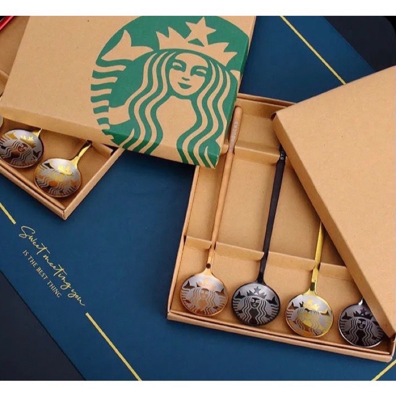 Set 4 muỗng cafe Starbuck mạ vàng sang chảnh (kèm hộp) - Bộ 4 muỗng thìa STARBUCKS đủ màu