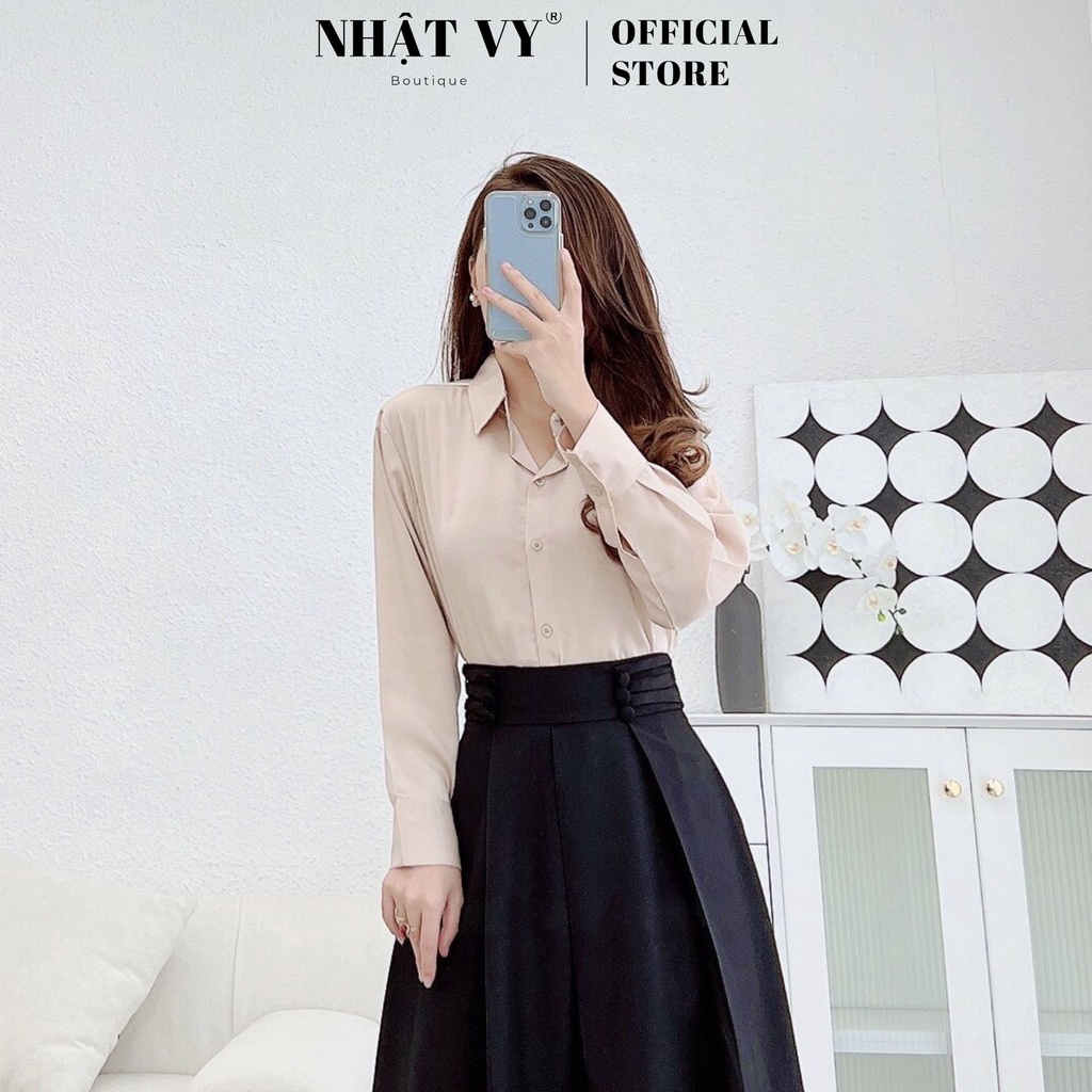 Áo Sơ Mi Trơn Phù Hợp Đi Chơi , Công Sở NHẬT VY Tay Dài Đơn Giản Chất Lực Nhung Màu Xanh, Cam, Nude, Trắng, Đen - D2442