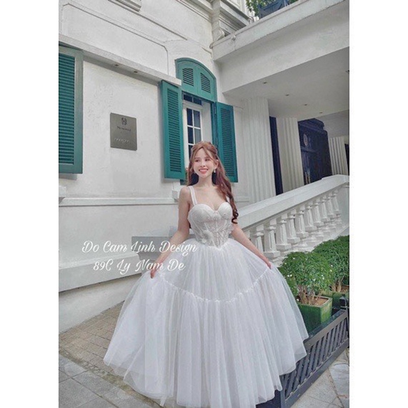Váy dự tiệc 2 dây lưới đính hoa xinh đẹp sang trọng đầm nữ công chúa dễ thương quyến rũ