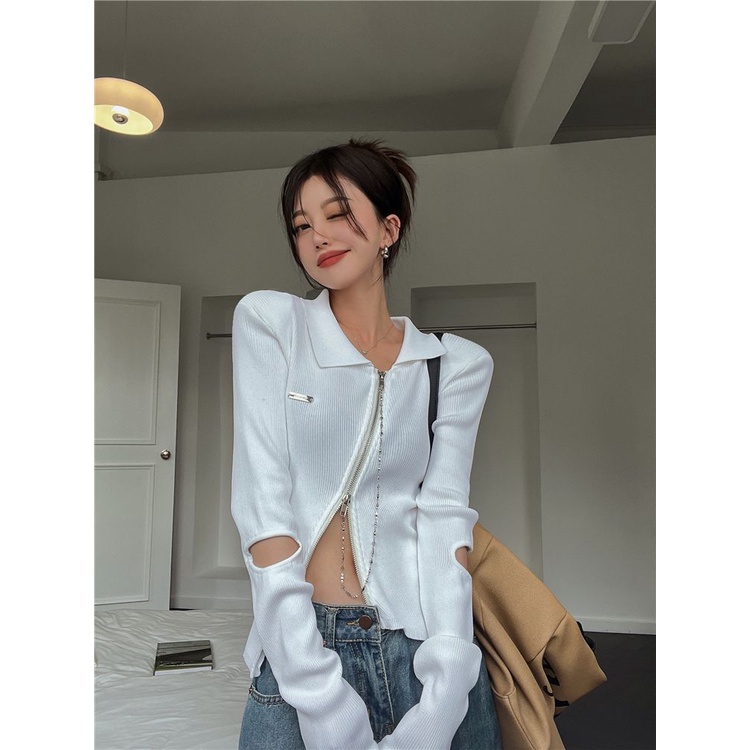 Áo Cardigan Dệt Kim Tay Dài Phối Khoá Kéo Thiết Kế Hợp Thời Trang