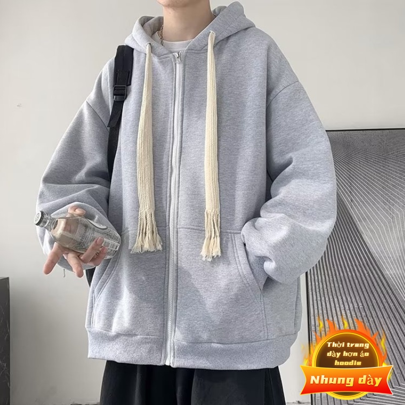 Áo Khoác Cardigan Có Mũ Trùm Bằng Vải Nhung Dày Màu Xám Nhạt Thời Trang Hàn Quốc Hàng Mới Dành Cho