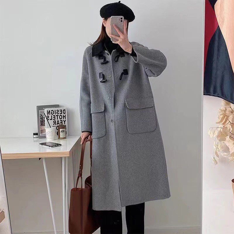 Áo khoác dạ dáng dài viền cổ đen cúc áo vặn thừng chất dày dặn cho nàng phong cách