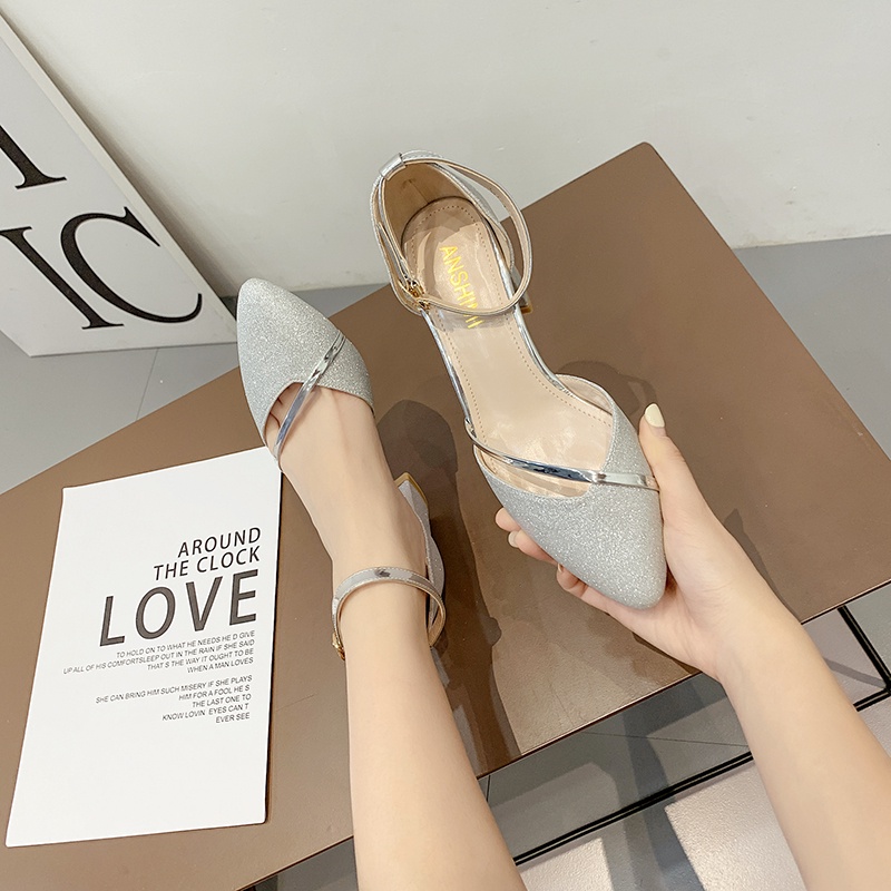 2022 giày cao gót nữ đế vuông giày cao gót nữ mũi nhọn giày cao gót mũi vuông giày cao gót 5 phân Giày Cao Gót Đế Dày Vừa Đính Kim Tuyến Lấp Lánh Thời Trang Xuân Thu Mới