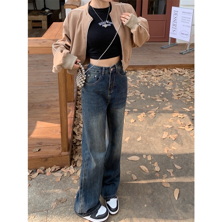 Quần Jean Lưng Cao Ống Rộng Thiết Kế Mới Thời Trang Mùa Thu Theo Phong Cách Vintage