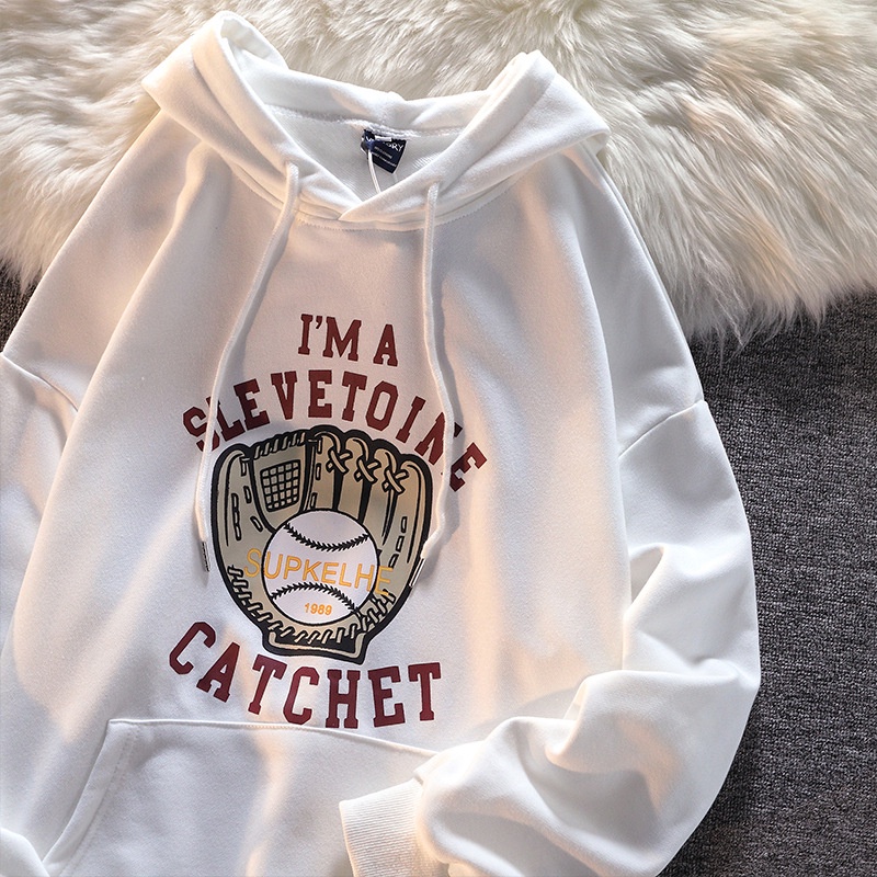 Mới Áo Hoodie Dáng Rộng In Hình Găng Tay Bóng Chày Phong Cách Retro