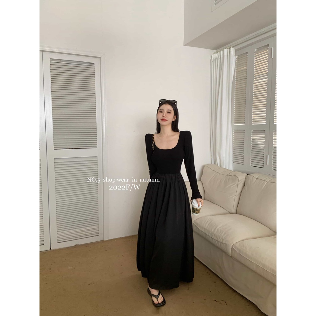 Gui Ma  Đầm Đen Dài Tay Hở Lưng Dáng Ôm Thời Trang Cho Nữ