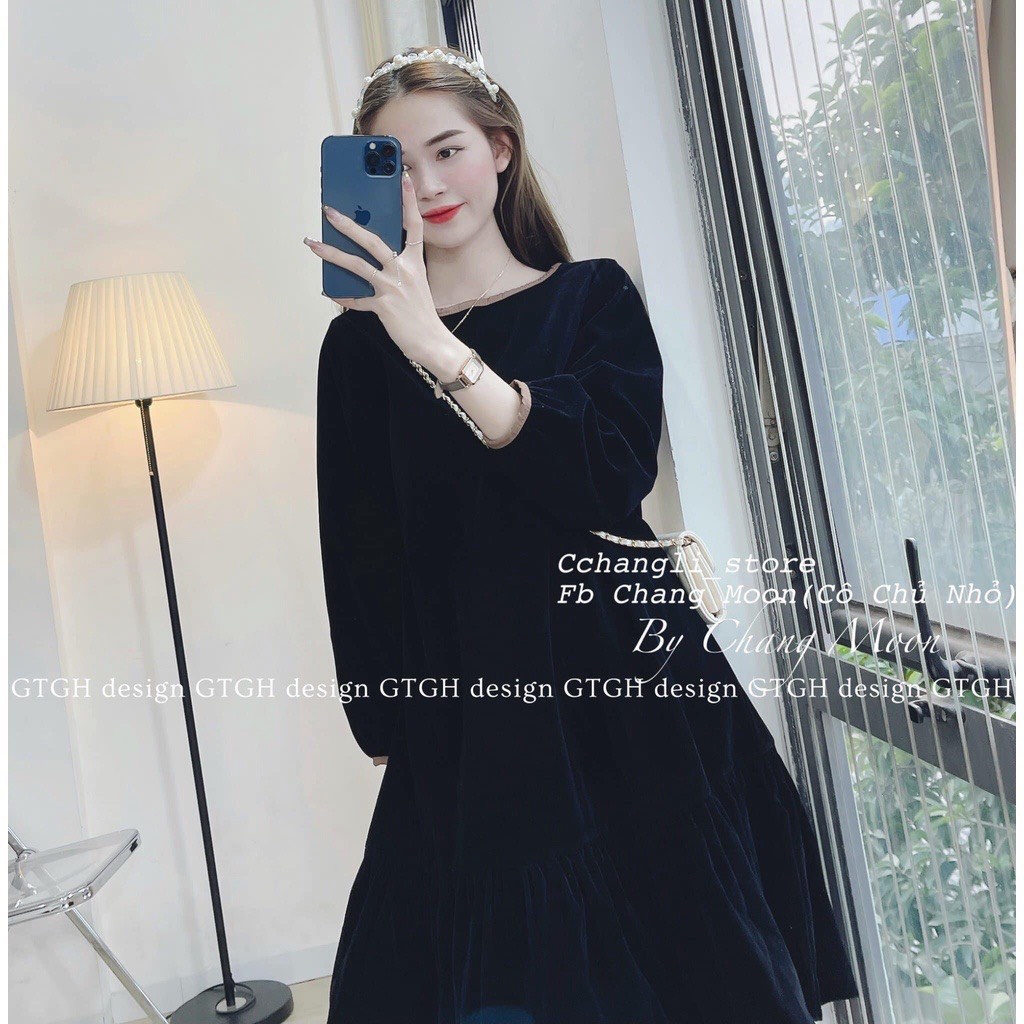 Váy babydoll nhung tay bồng đuôi cá dài tay from rộng hai màu xinh xắn
