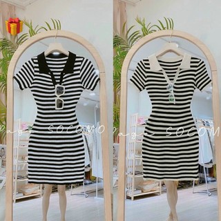 Đầm cổ bẻ tay ngắn kẻ sọc ngang chất thun gân mềm