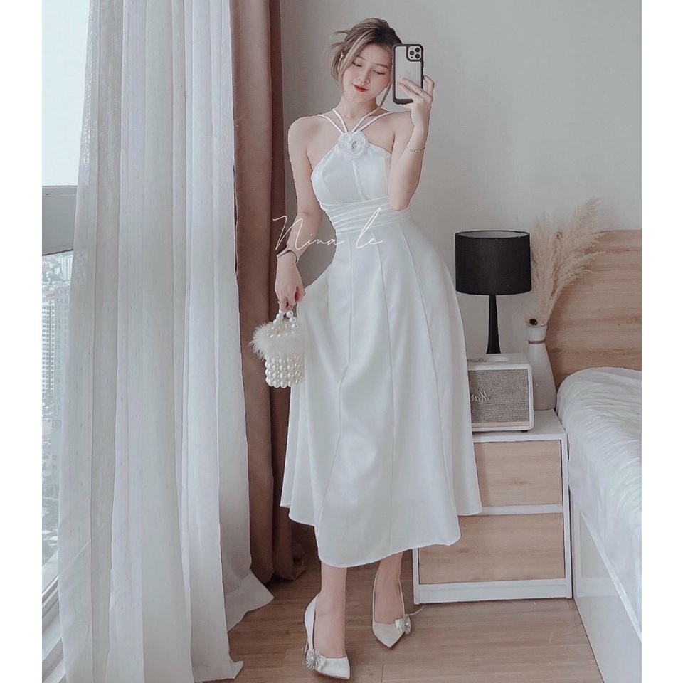 Đầm Váy Nữ Cổ Đan Dây Kết Bông Hoa Xếp Ly Eo  Thiết Kế Sang Chảnh Đi Làm Công Sở, Dạ Hội Và Du Lịch