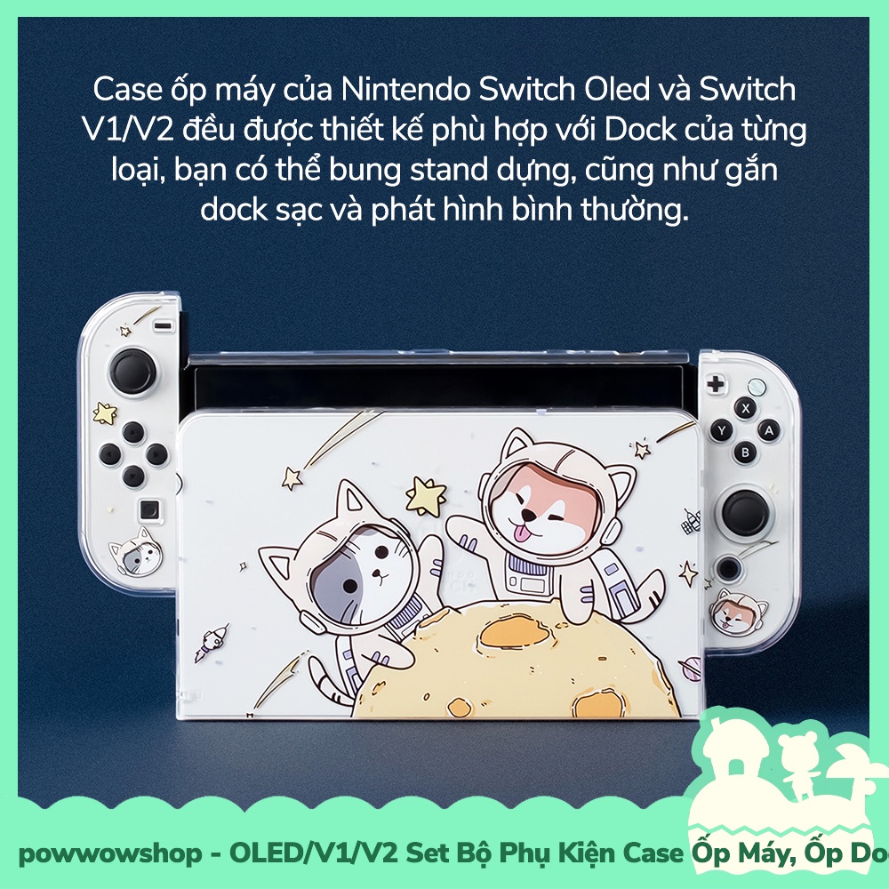 [Sẵn VN - Hỏa Tốc] Oled/V1/V2 Set Bộ Phụ Kiện Case Máy, Case Dock Nintendo Switch Mẫu Shiba &amp; Cat Astronaut