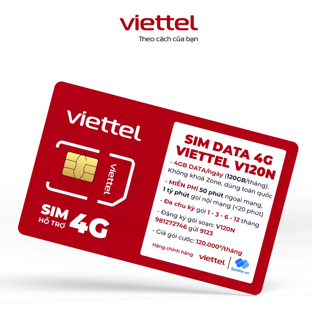 Sim 4G Viettel V120N - V120Z (V90) 4GB/Ngày - 120GB/Tháng + Miễn Phí 50P Gọi Ngoại Mạng + Nội Mạng