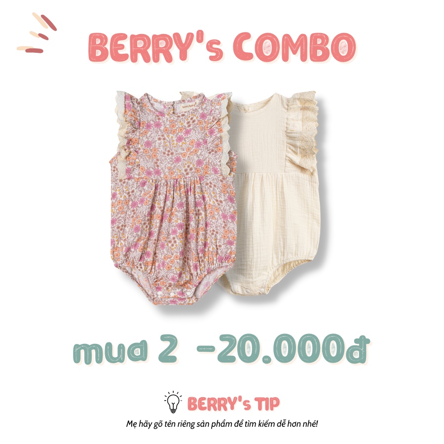 Áo liền quần bé gái berry vai cánh tiên nhiều màu vải xô muslin mềm mịn lou - ảnh sản phẩm 6