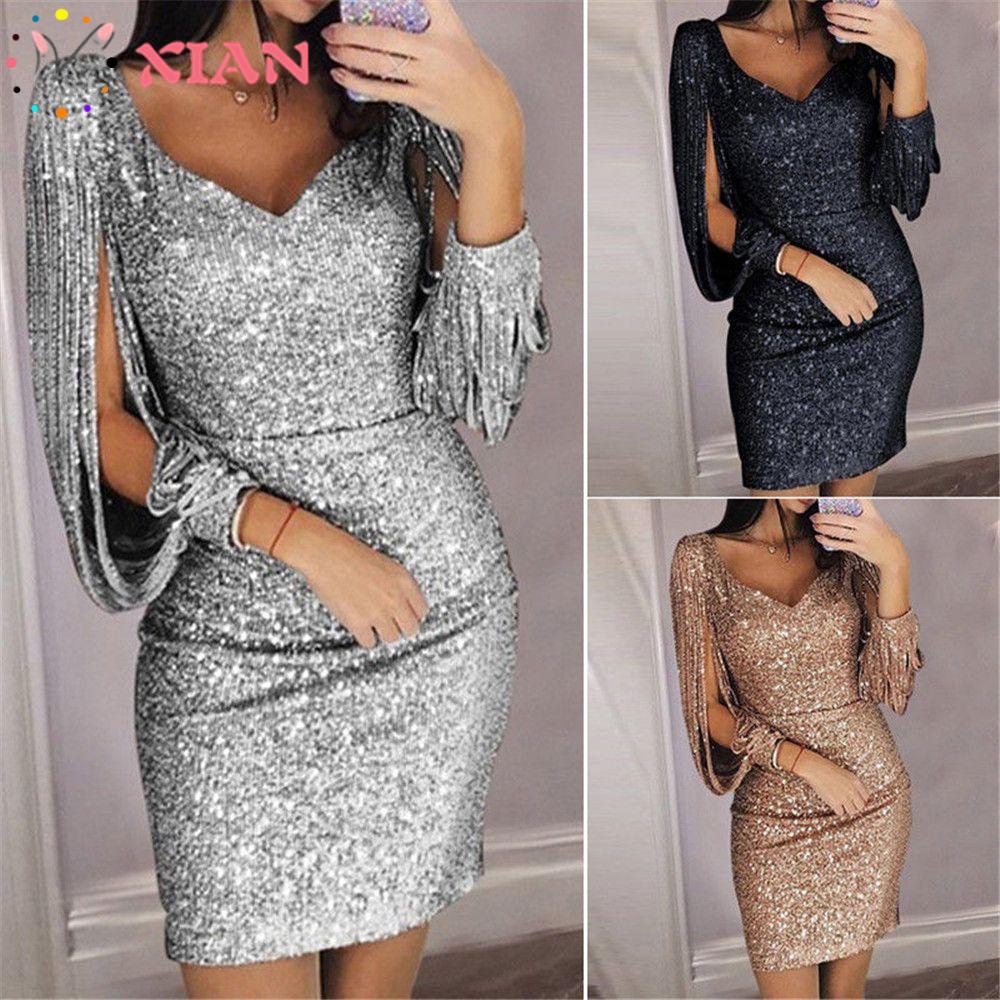 Đầm Midi Tay Dài Đính Kim Tuyến Lấp Lánh Quyến Rũ Thời Trang Cho Nữ