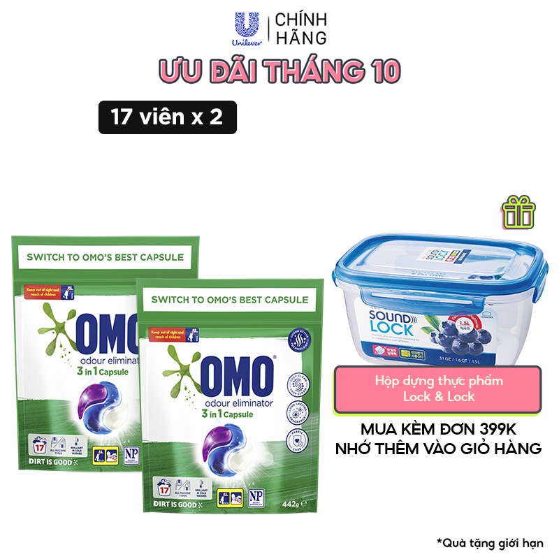 Combo 2 Túi Viên Giặt Tiện Lợi OMO Công Nghệ Anh Quốc - Khử Mùi (17 Viên/Túi)