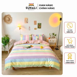 Bộ chăn ga giường cotton poly cầu vồng Suhali Shop, vỏ chăn mền, drap nệm và 2 vỏ gối