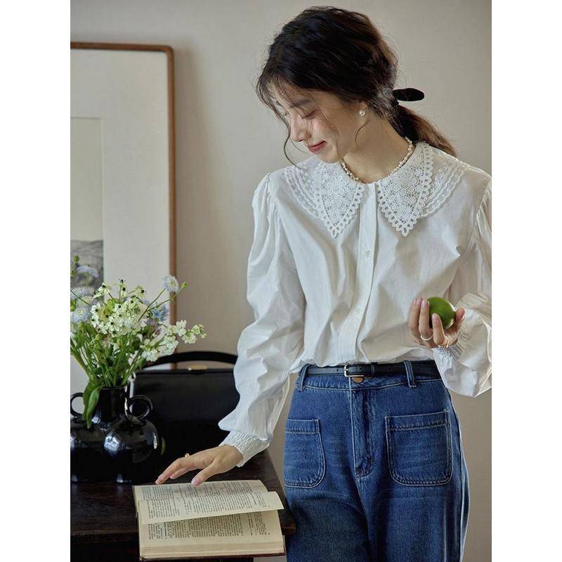 Áo Sơ Mi Tay Dài Cổ Búp Bê Phối Ren Phong Cách Pháp Cổ Điển Thời Trang Cho Nữ