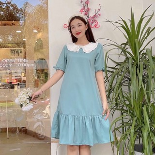 Đầm Nữ NHẬT VY Đuôi Cá Cổ Phối Bèo Thắt Nơ Chất Cotton Công Sở Dáng Suông Màu Đen, Xanh - D2113