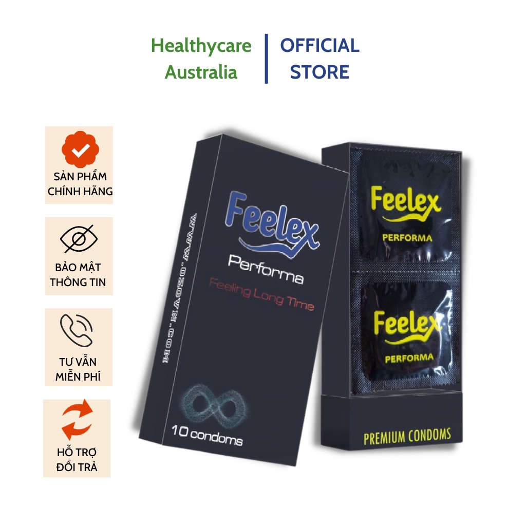 Bao cao su Feelex Performa Premium siêu mỏng, kéo dài thời gian quan hệ - Hộp 10 bcs
