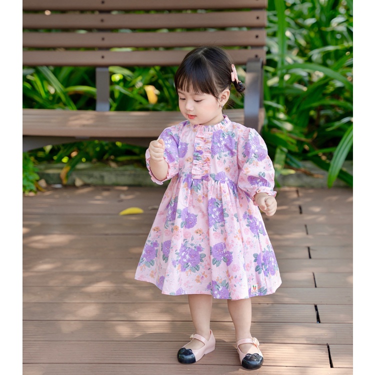 Váy Tay Lỡ Carrot Cho Bé Gái, Bèo Viền Ngực, Hoạ Tím Xinh Xắn, Chất Liệu Thô Cotton