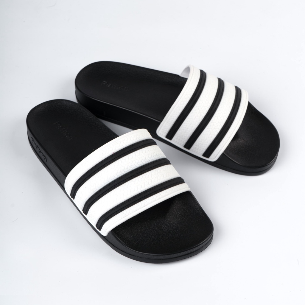 (Đế nhám) Dép nam nữ quai ngang slipper Pathon quai PVC và đế PU đen quai sọc đen trắng SD38NHAM