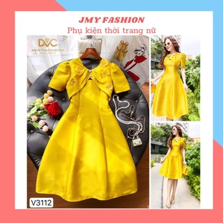  V3112 Váy vàng taffta  kèm video+ảnh sàn SP  váy xoè vàng cổ yếm dự tiệc đính hoa nổi sang chảnh - DVC&ACC 