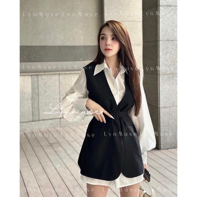 Set đầm sơ mi trắng tay dài phồng + Khoác vest gile đen không tay