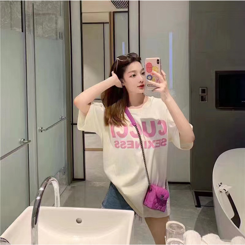 Áo Thun Cotton Tay Ngắn In Logo Gucci Màu Hồng Thời Trang Cho Nam Và Nữ