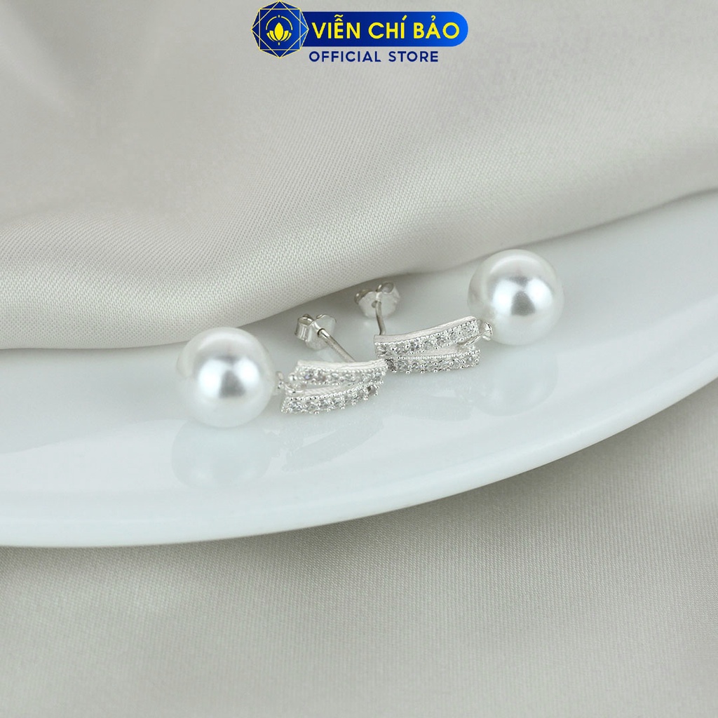 Bông tai bạc nữ Trái châu viền đá lấp lánh chất liệu bạc 925 thời trang phụ kiện trang sức nữ Viễn Chí Bảo B400021