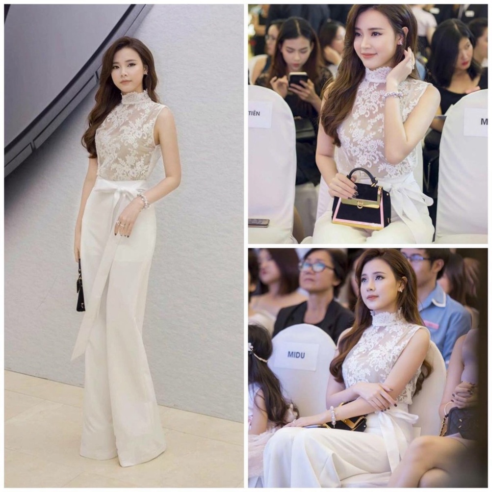🔥𝓠𝓾ả𝓷𝓰 𝓒𝓱â𝓾 CAO CẤP🔥 Jumsuit dài kiểu cổ lộ pha ren cột dây eo màu trắng vải tuyết mưa ren ladyvin