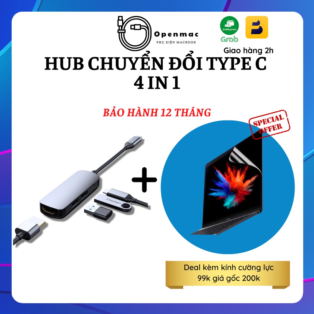 Hub chuyển đổi type C to HDMI, USB 3.0 Cổng Chuyển Đổi Đa Năng 4 trong 1 cho Macbook Pro/Air/M1/M2, Laptop