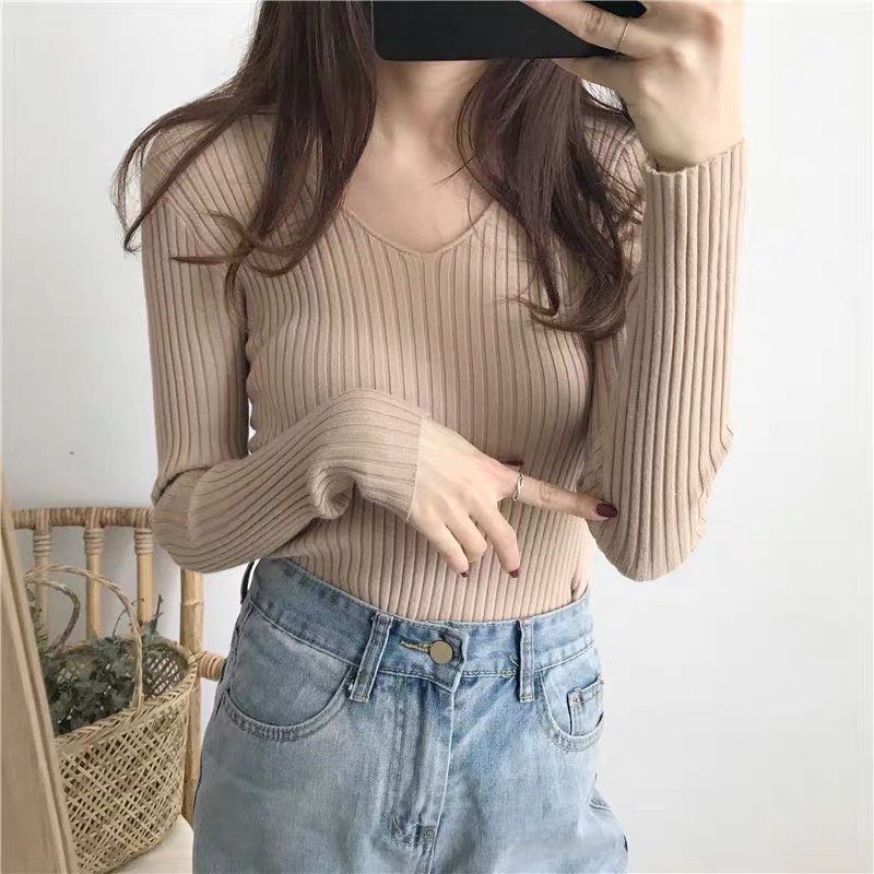 Áo len gân tay dài kiểu cổ tim trễ vai dáng ôm dệt kim len dày dặn hàng Quảng Châu cao cấp trẻ trung