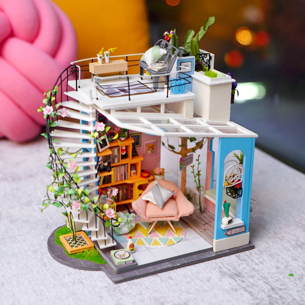 (KÈM LED) Mô Hình Gỗ 3D Lắp Ráp ROBOTIME DIY Dollhouse Nhà Tí Hon Dora’s Loft DG12