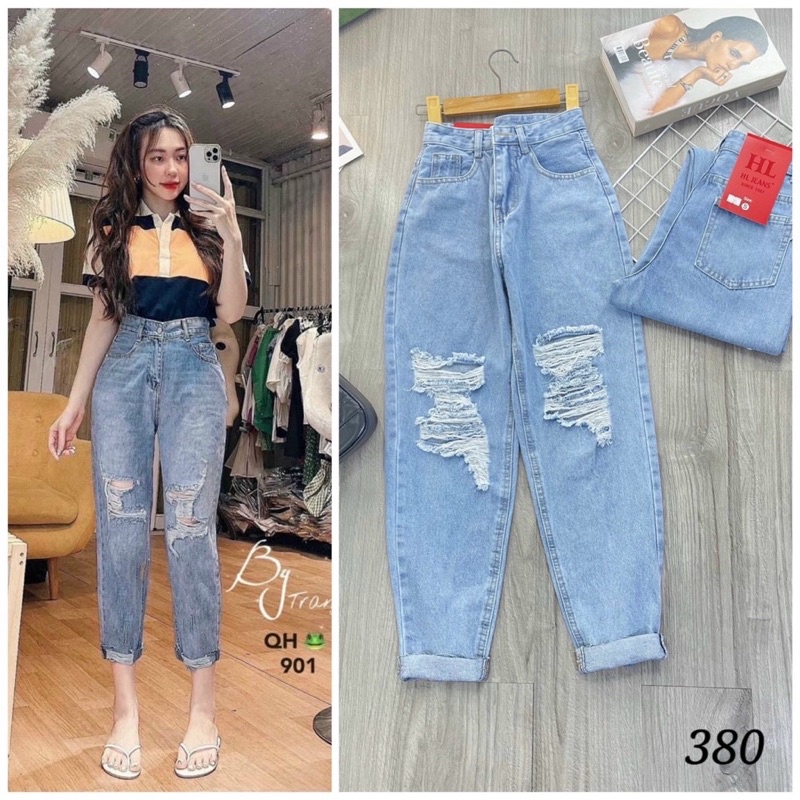( Chuyên sỉ ) Quần bò rách kiểu đẹp màu xanh - Quần baggy jean nữ lưng cao TQ jean