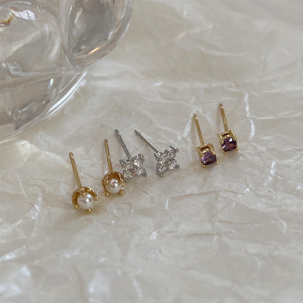 Set 6 Khuyên Tai Đính Đá zircon Ngọc Trai Nhỏ Đơn Giản Dễ Phối Đồ Phong Cách retro Hàn Quốc Cho Nữ