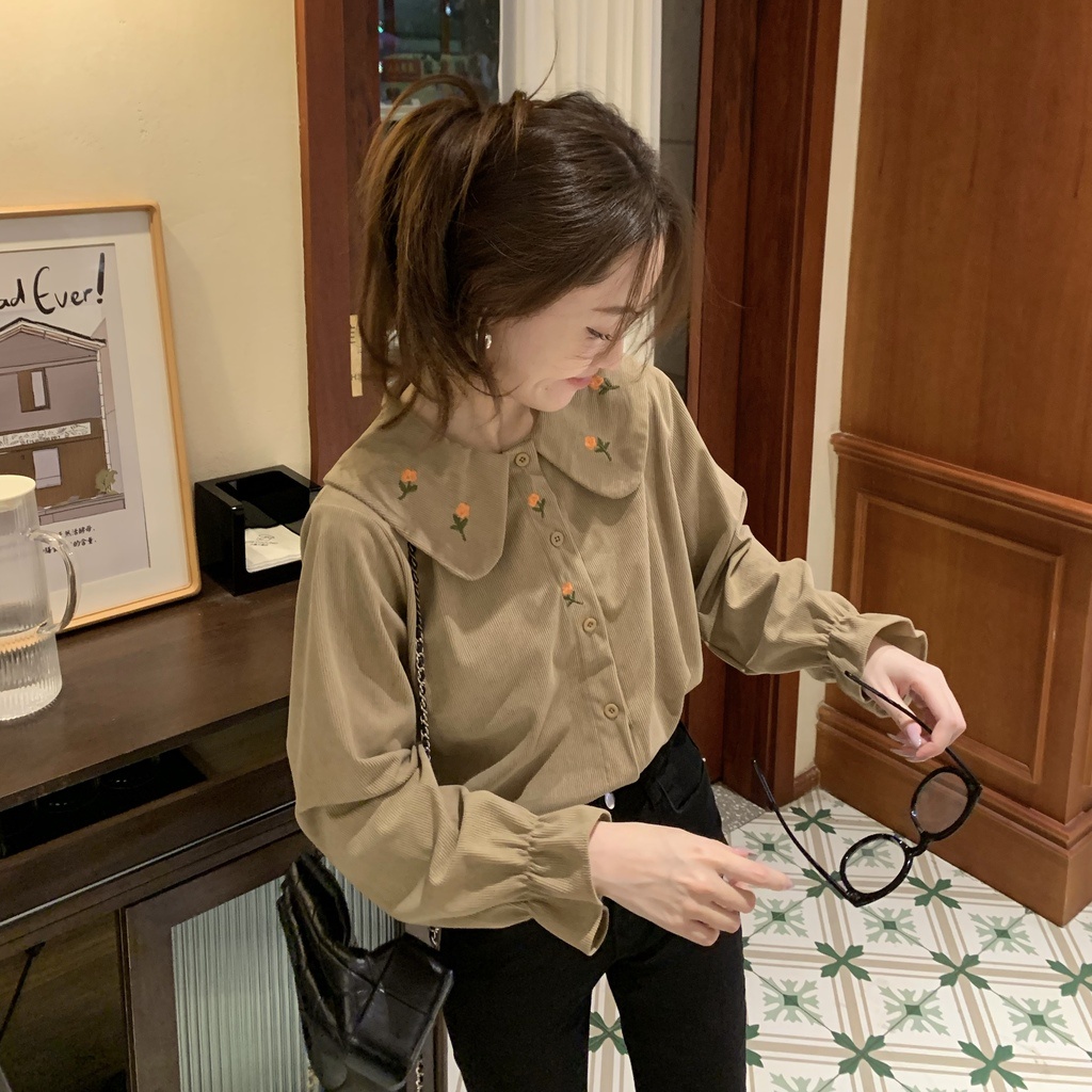 Áo Sơ Mi Vải Nhung Kẻ Cổ Búp Bê Phong Cách Hàn Quốc Mới