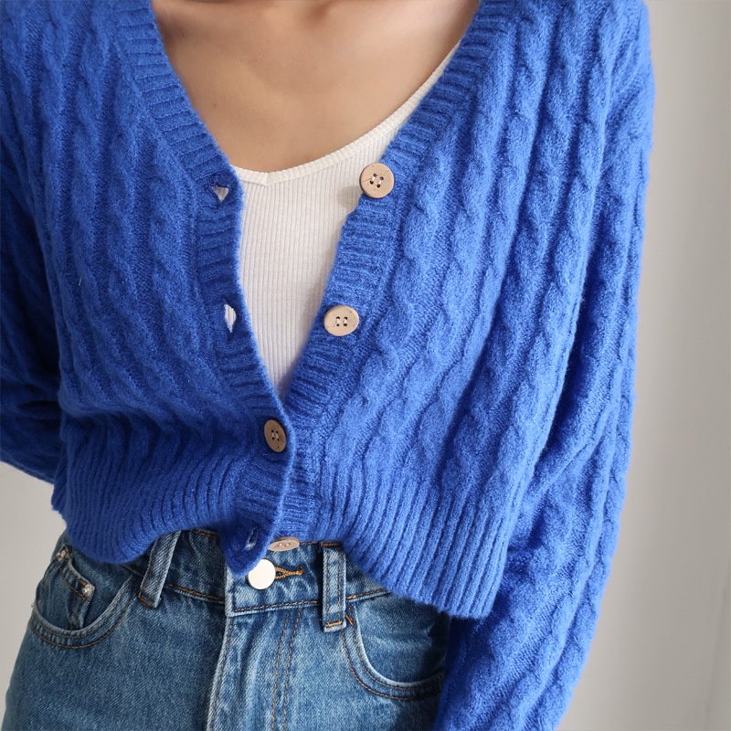Áo Cardigan Dệt Kim Cổ Chữ V Tay Dài Dáng Rộng Cài Nút Eo Cao Xoắn Phong Cách Retro Mỹ