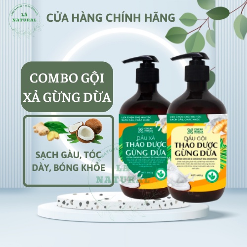 Cặp Dầu Gội Xả Gừng Dừa Hữu Cơ Cỏ Cây Hoa Lá - Gội 440g Xả 440g - Đánh bay gàu, sạch da đầu, tóc dày, bóng, mượt