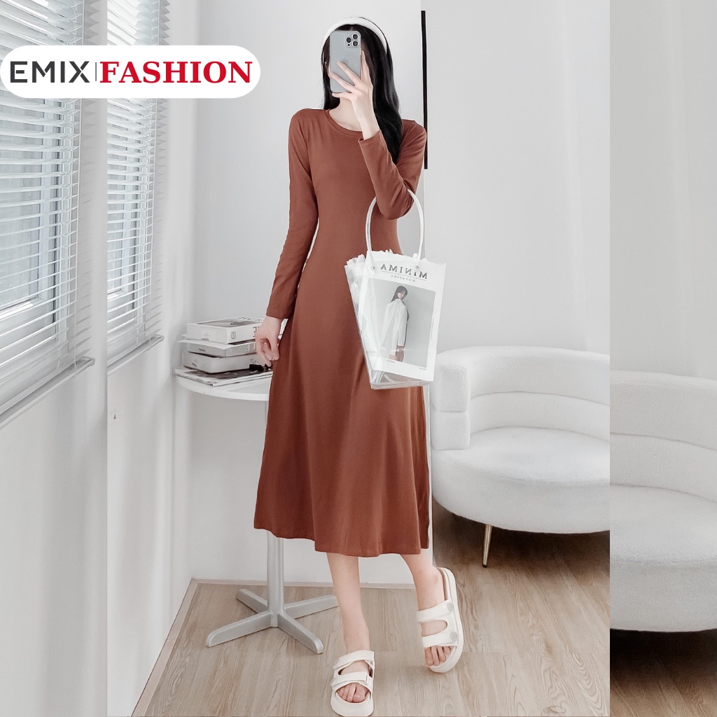Váy maxi thun xoè EMIX, đầm chữ A dài tay, dáng dài, cổ tròn, freesize dưới 58kg 188
