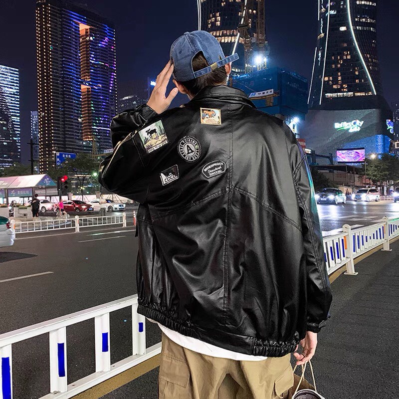 Áo Khoác Bomber Da Đính Stiker Dán Nổi