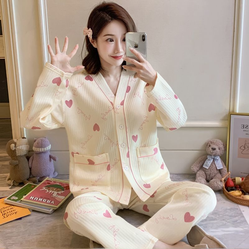 Bộ Đồ Ngủ Cotton Ba Lớp Dày Dặn Phong Cách Nhật Bản Thời Trang Thu Đông Cho Nữ