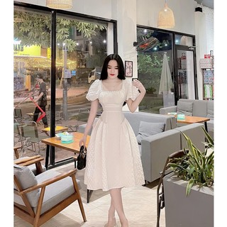 Đầm Dự Tiệc ,Váy Nữ Bigsize Cổ Vuông Viền Ngoc Tay Phồng Xếp Ly 2 Bên Eo Chất Xốp Hàn Mềm Mịn Dành Cho Người Mập 50.90kg