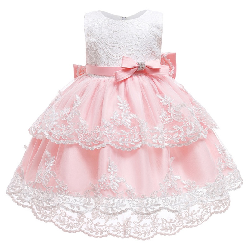 Đầm Công Chúa Không Tay Vải Tuyn Đính Nơ Phối Ren Thêu Hoa Dễ Thương Cho Bé Gái