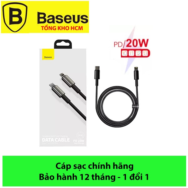 Cáp sạc nhanh PD 20W C to L Baseus Tungsten Gold cho ai phôn 12 11 Pro XS Max/laptop, tablet táo Mini Air 20W PD