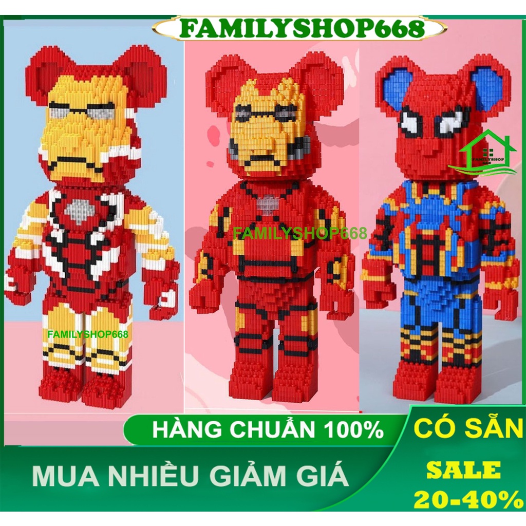 xếp hình Gấu Bearbrick jinx ironman người nhện cỡ lớn 36cm xếp hình lắp ráp mô hình bear brick nano 3D Kèm Búa