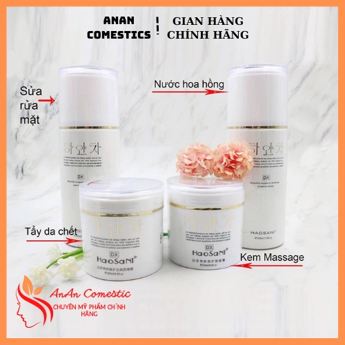 (Trọn bộ) Kem massage, tẩy da chết, sữa rửa mặt, nước hoa hồng DX Haosani chính hãng cho spa - An An Comestics