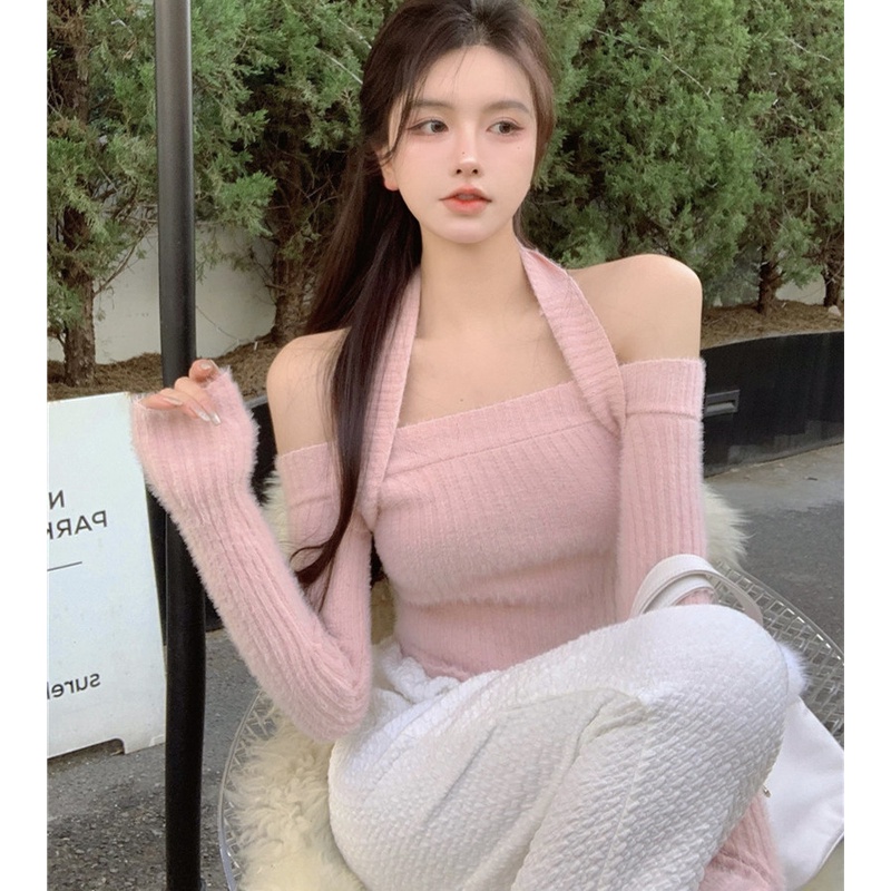 Áo Dệt Kim Trễ Vai Tay Dài Dáng Ôm Thời Trang Thu Đông Dành Cho Nữ