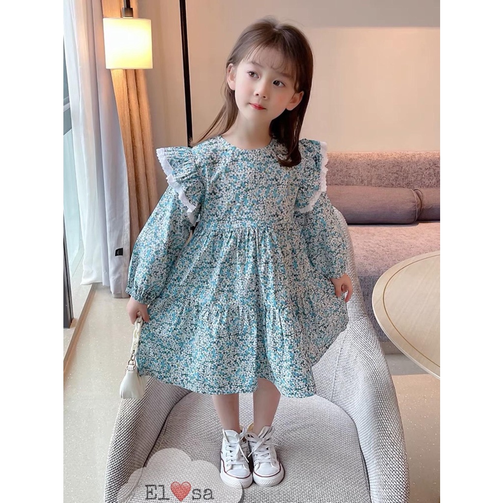 Váy Hoa Xanh Dài Tay 2 Tầng Cánh Tiên Mùa Thu Xinh Đẹp Cho Bé Gái 8-25kg