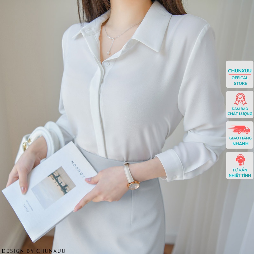 Áo sơ mi công sở nữ đẹp kiểu Hàn Quốc form rộng tay dài chất lụa cao cấp màu ĐEN, TRẮNG Chun-SM01SP